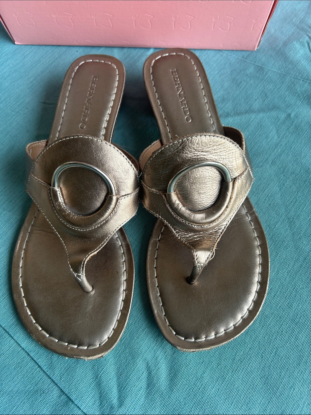 Bernardo Bronze Metallic Ring-Accent Leather Thong Sandals